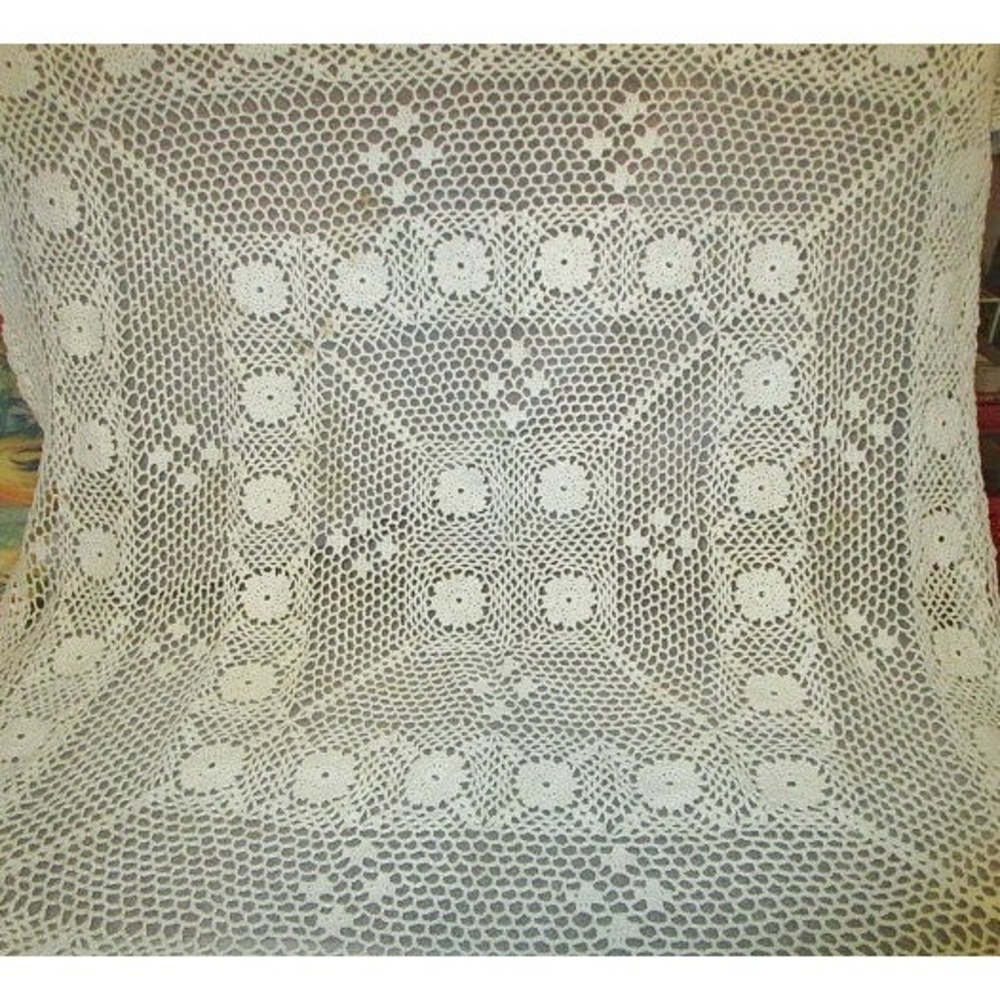 Handmade Crochet Lace Tablecloth 37" Topper Doily Stars Floral Eyelet Grannycore